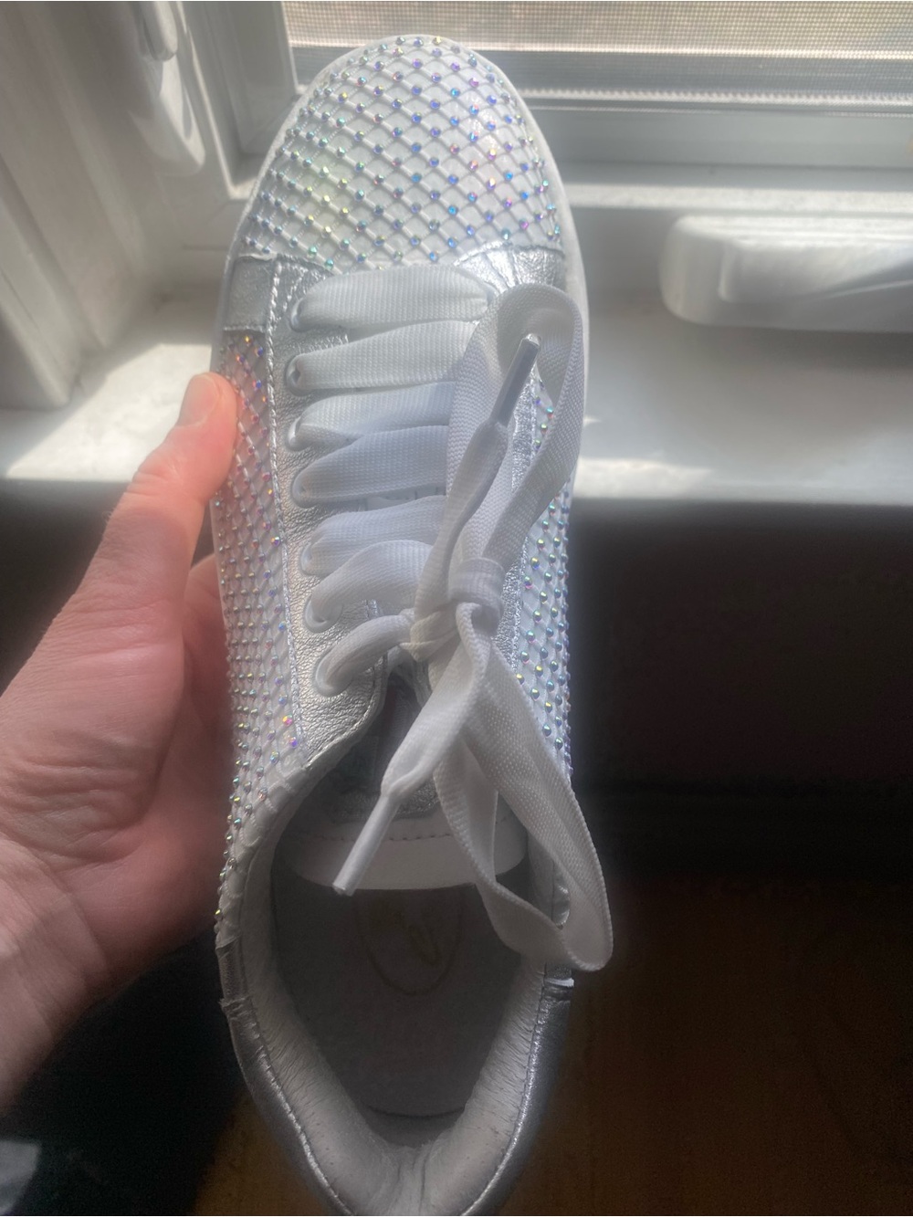 Women's White Rhinestone Lace-Up Fashion Sneakers